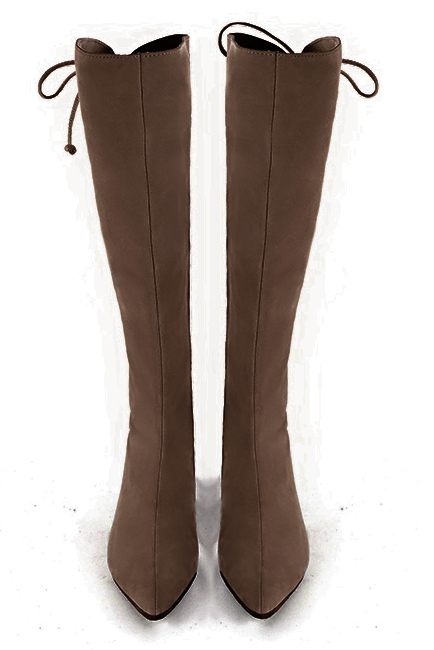 Chocolate brown women's knee-high boots, with laces at the back. Tapered toe. Low flare heels. Made to measure. Top view - Florence KOOIJMAN